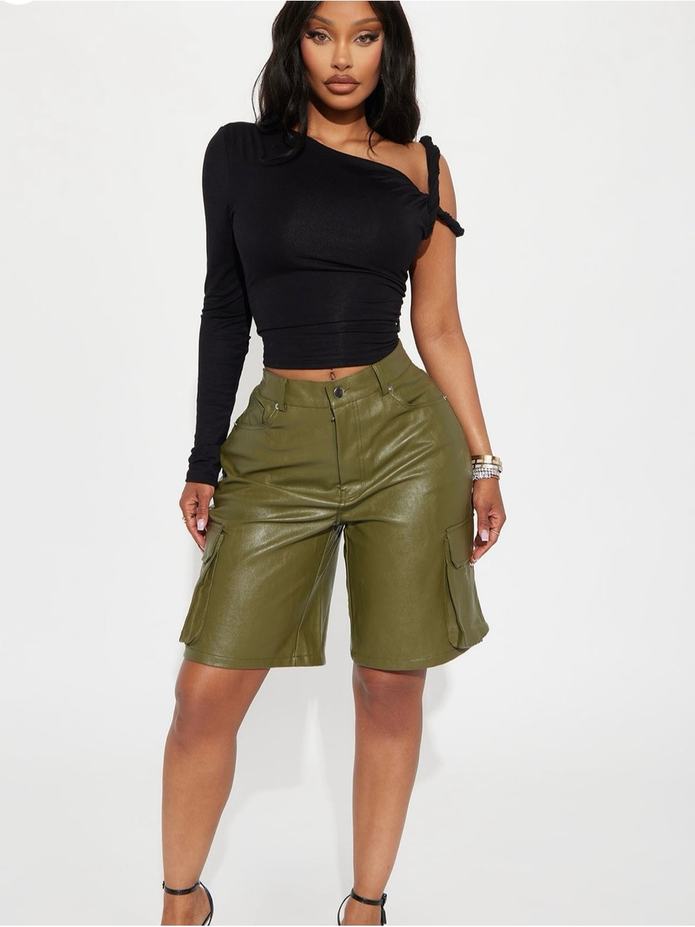 Olive Green Faux Leather Cargo Bermuda Shorts